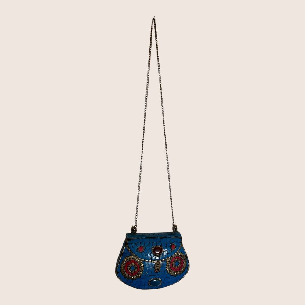 💙 VTG HIMALAYAN TIBETAN HANDMADE MOSAIC CLUTCH DETACHABLE SHOULDER CHAIN BLUE - Picture 10 of 11